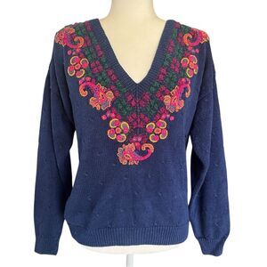 Portraits Northern Isles Vintage Knit Sweater Floral Paisley Embroidered Large